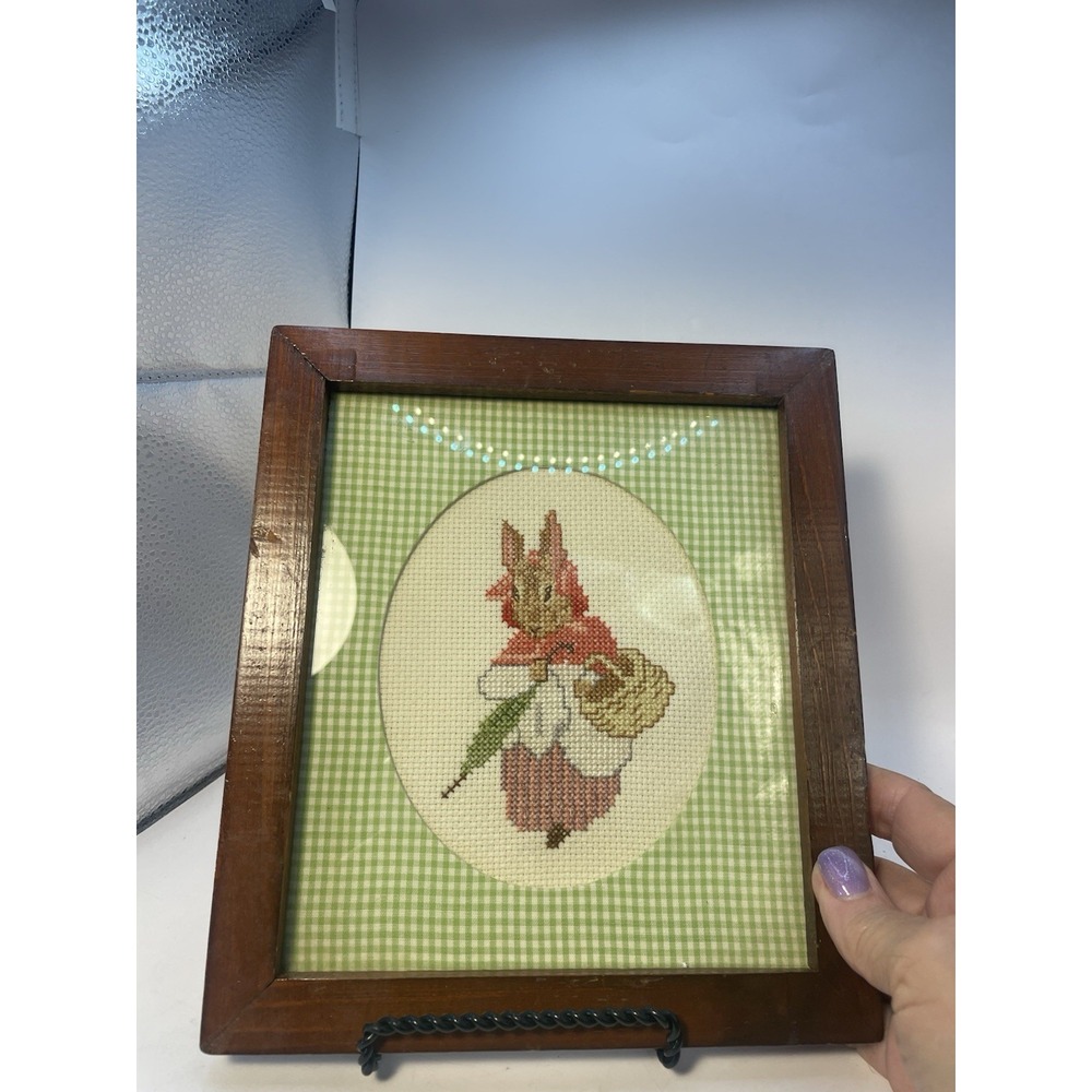 Beautiful Crossstitch Bunny In Walnut Frame Handmade Wall Hanging